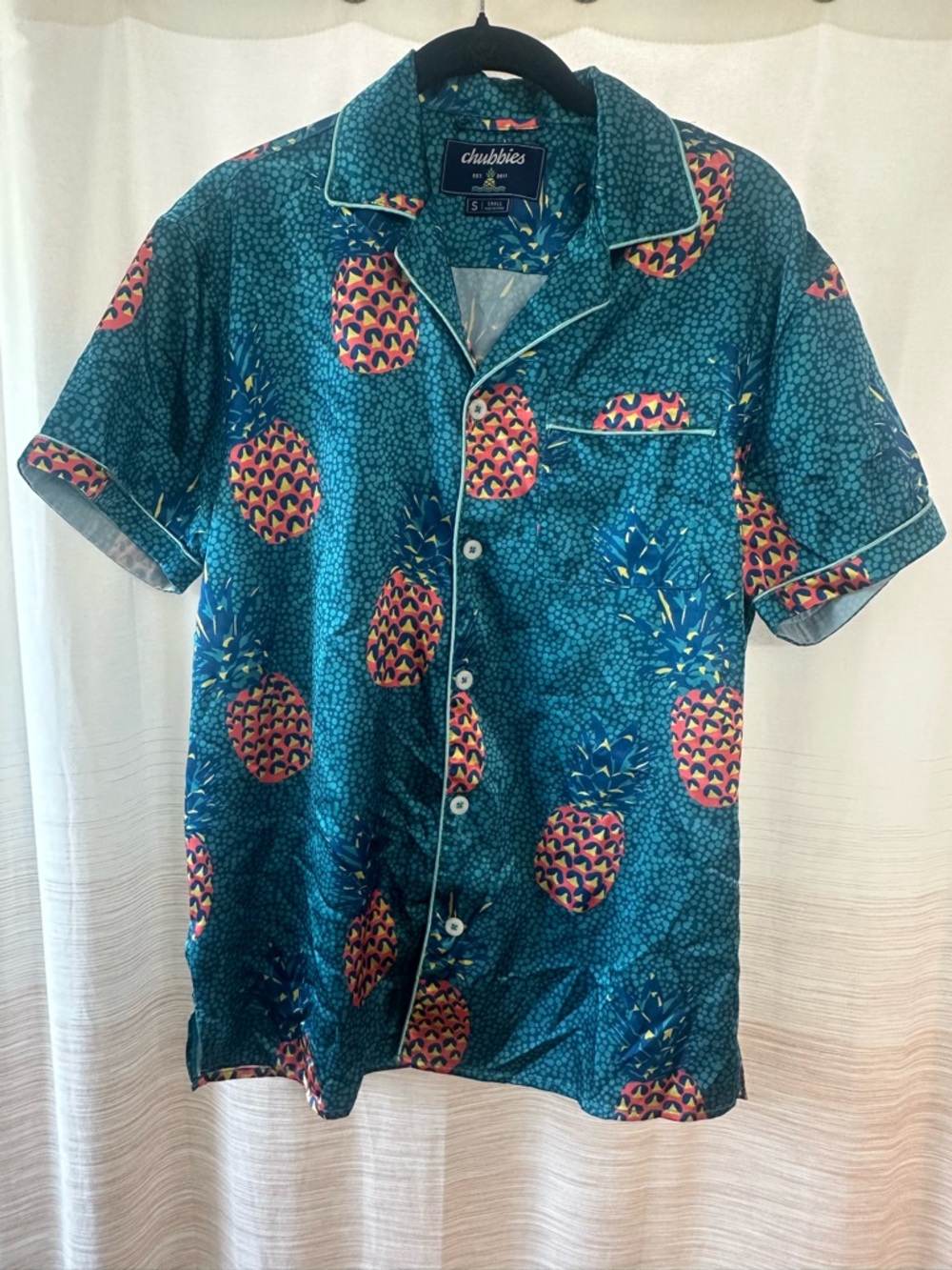 Chubbies Teal Pineapple Print Short-Sleeve Satin Sleep Shirt Size S